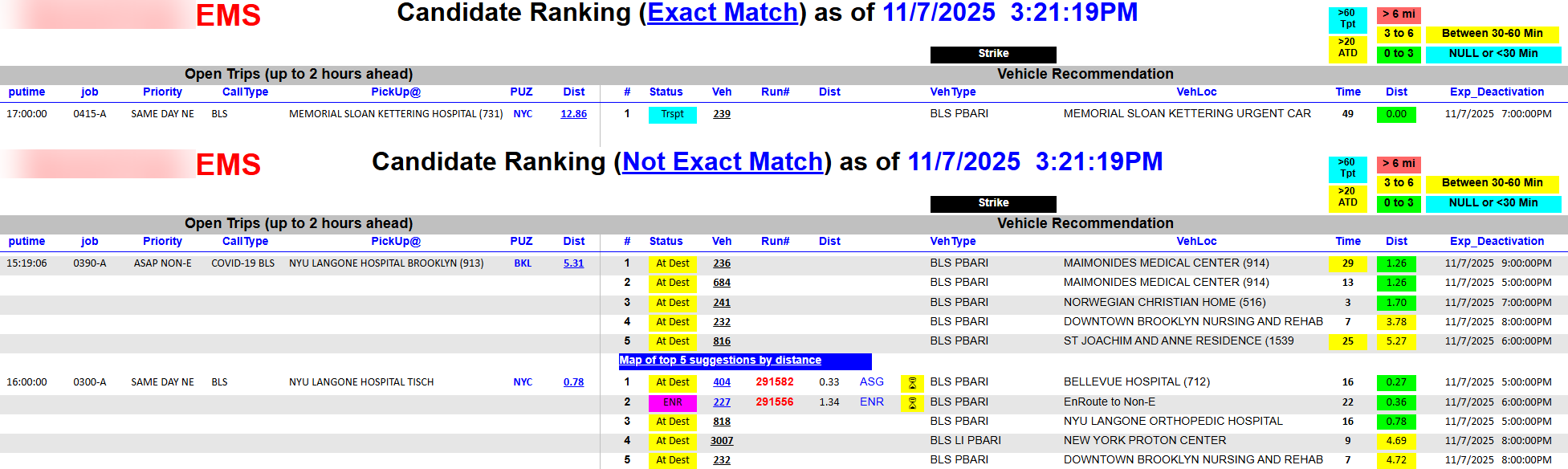 Live EMS dispatch assistance dashboard showing open calls on the left and vehicle recommendations sorted by distance on the right