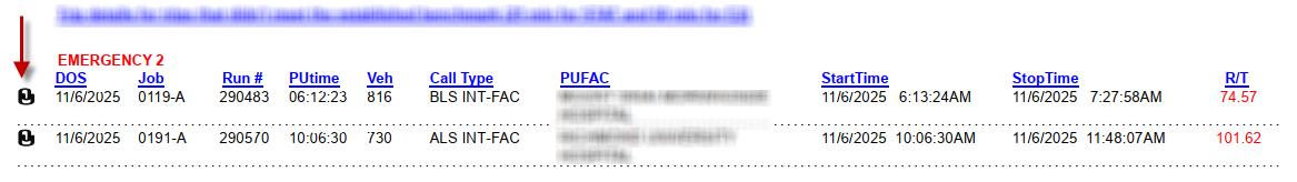 EMS operational performance report with embedded PDF attachments showing dispatch recommendation data for calls that missed response time benchmarks