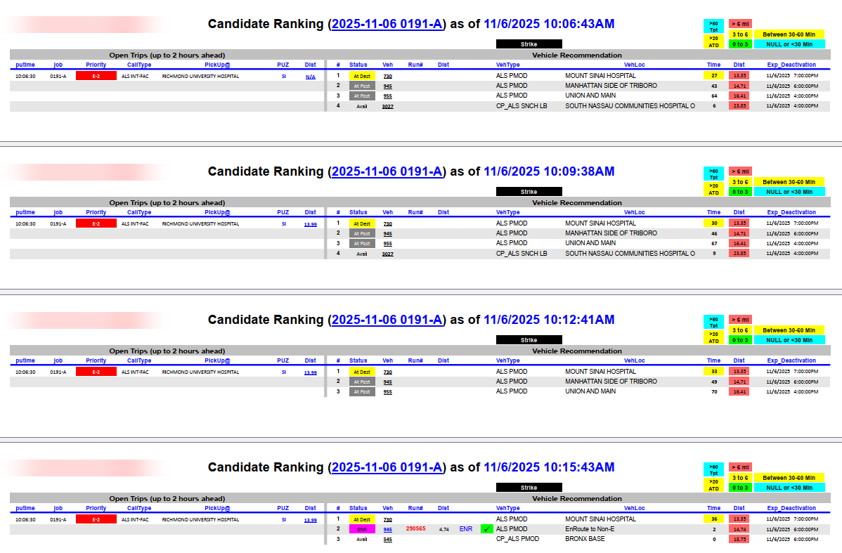 Side-by-side view of an EMS performance report and the merged dispatch recommendation PDF opened via embedded attachment