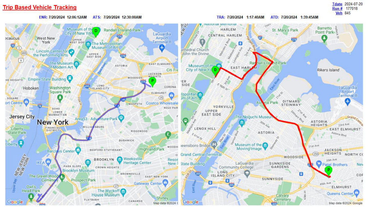 Google Maps API showing EMS trip route with two side-by-side maps: en-route leg on the left with pickup marker, transport leg on the right with pickup and drop-off markers, each rendered as a path using AVL location data