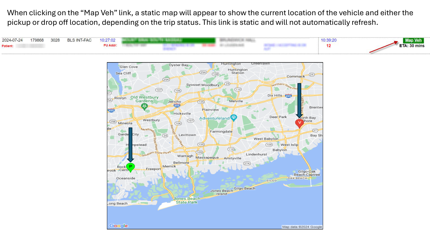 Client-facing EMS static location map showing ambulance current location marked as V and destination hospital marked as D, with Google Maps ETA displayed below the map link