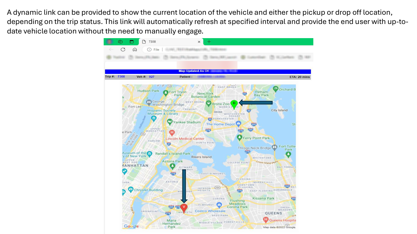 Dynamic auto-refreshing EMS vehicle tracking map showing live ambulance location with last-updated timestamp and Google ETA, similar to a rideshare tracking experience