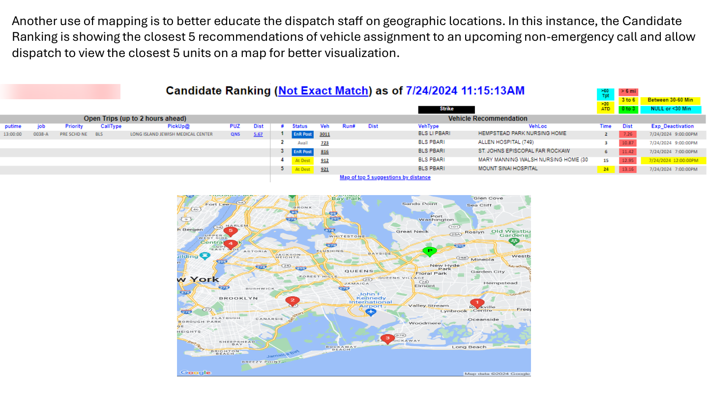 EMS candidate ranking map showing five recommended vehicles plotted by ranking number on a Google Map alongside the pickup location for an upcoming scheduled call, with vehicle positions based on anticipated end-of-trip locations