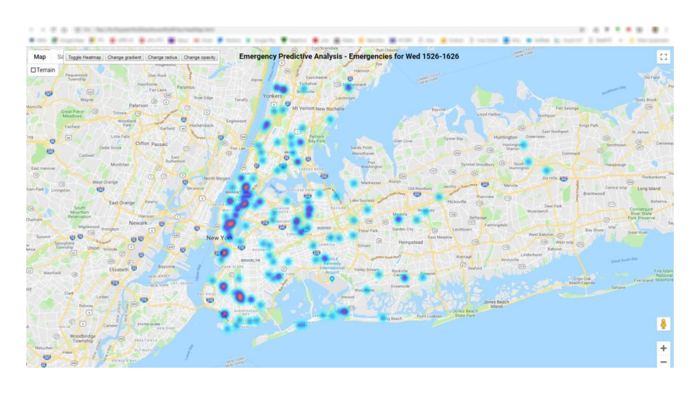 EMS predictive heatmap using Google Maps API showing call origin density for the same day of week and 30-minute window over the past 12 weeks, used to inform ambulance posting decisions
