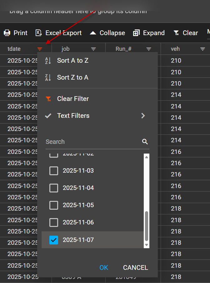 EMS vehicle dashboard filtered to show only trips for vehicles 840, 955, and 740 on the date of service