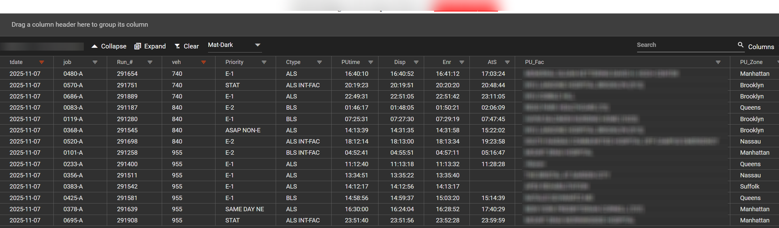 EMS vehicle research dashboard with trip data grouped by vehicle number for side-by-side comparison of unit activity