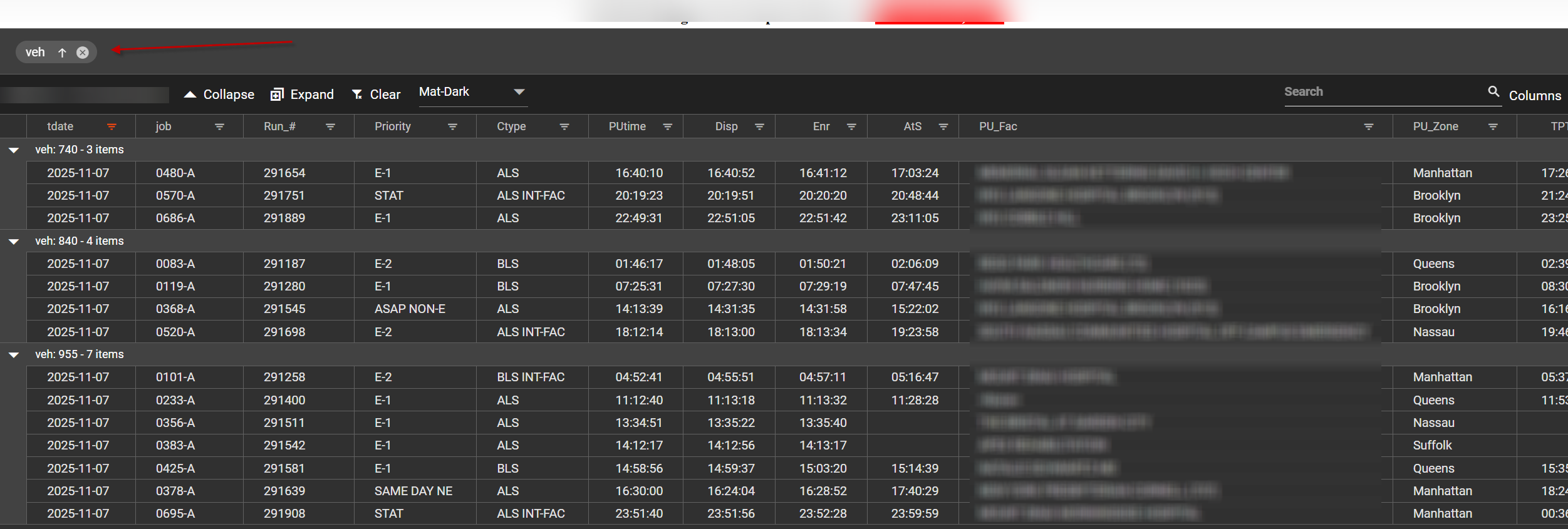 EMS vehicle review dashboard showing personalized column layout with grouped vehicle data and custom sort order